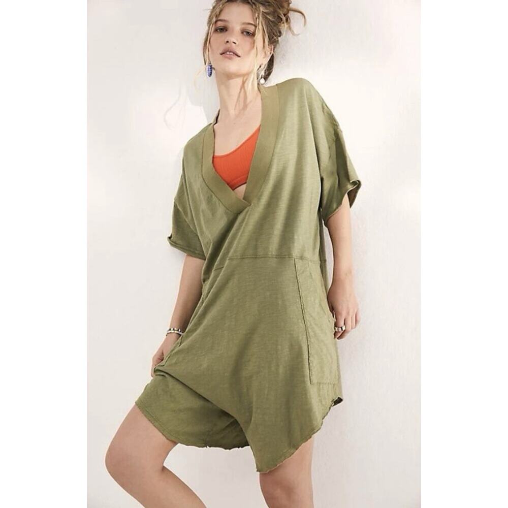 Free People Intimately Why Not Romper M Green Oversized Boho Lounge Beach